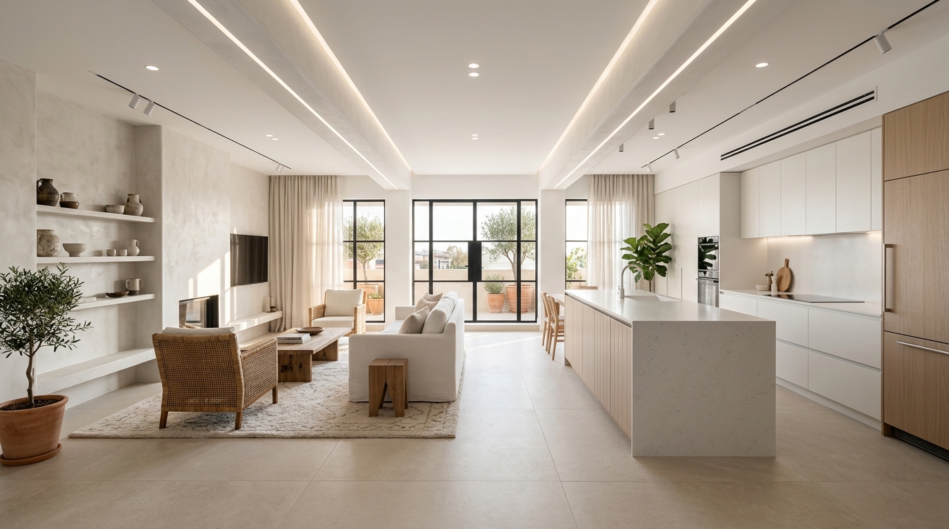 Piso completamente renovado con cocina abierta y suelos porcelánicos
