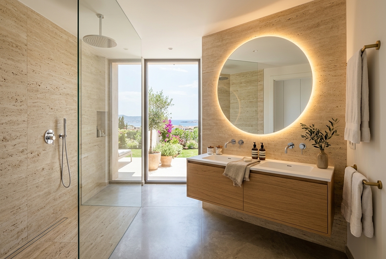 Baño de lujo en piedra travertino en Son Vida