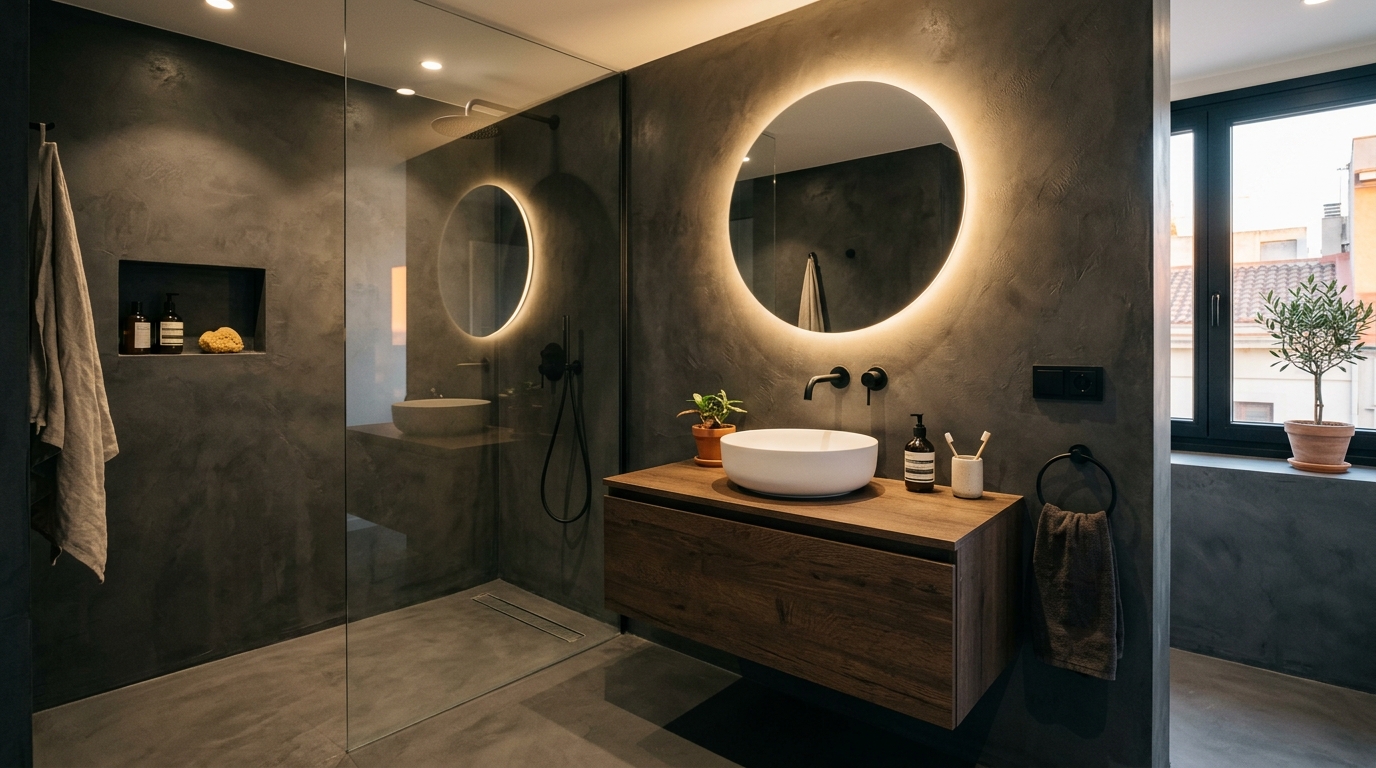 Baño en microcemento antracita con espejo retroiluminado